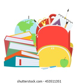 School bag with books stack and school supplies. Vector illustration