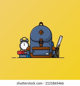 School bag with books, stationery and alarm. vector illustration