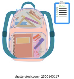 school bag briefcase backpack filled with books, notebooks and other paper media for school education. Vector illustration school supplies and textbooks are distributed in the pockets of the backpack