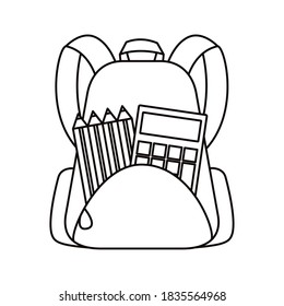school bag with calculator and pencils colors flat style icon vector illustration design