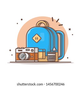 School Bag with Camera and Lens Vector Illustration. Hunting Photo Vector Illustration. Back to School Icon. Flat Cartoon Style Suitable for Web Landing Page,  Banner, Flyer, Sticker, Card, Background