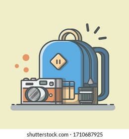 School Bag with Camera and Lens Vector Illustration. Hunting Photo Vector Illustration. Back to School Icon. Flat Cartoon Style Suitable for Web Landing Page,  Banner, Flyer, Sticker, Card, Background