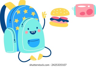 School Bag Character With Fast Food Vector Illustration