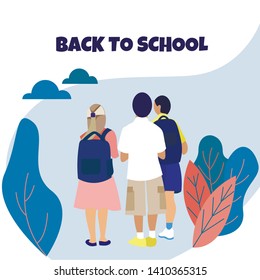 School Bag. Children Go to School. Girls and Boys with Backpacks on Back. Back to School. Vector Illustration. Schoolchildren with Briefcase. School Garden. Happy Childhood. Park Area.