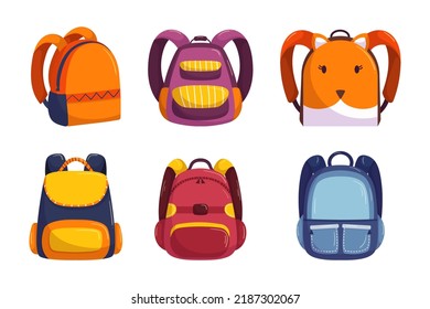 Schultasche-Kollektion im handgezeichneten Vektorstil. Set verschiedener Kinderrückstände für die Schule. Zurück zu den Herbstelementen der Schule