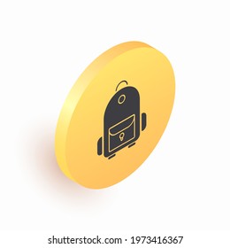 School bag. Colored round isometric button with backpack, briefcase. The concept of hiking, tourism, recreation, travel. Vector illustration 
