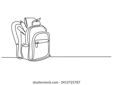 School bag in continuous one line art drawing. Vector illustration education stuff.