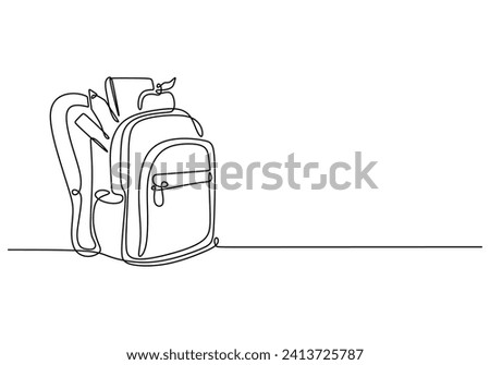 School bag in continuous one line art drawing. Vector illustration education stuff.