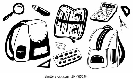 School bag doodle illustration. Pencil case cartoon sketch. Vector school funny art 