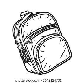 School bag drawn by hand, Backpack with pockets that are closed with a zipper,  isolated on white background, Vector illustration in sketch style. 