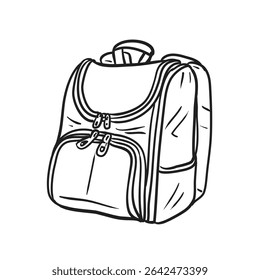 School bag drawn by hand, Backpack with pockets that are closed with a zipper, isolated on white background, Vector illustration in sketch style. 
