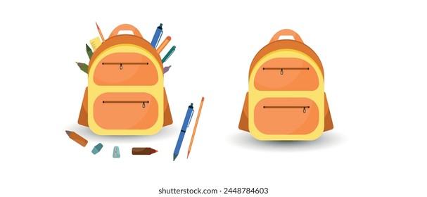 School bag , education stickers set. Stationery items in the bag.