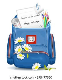 School bag with education traditional objects and flowers. Happy summer holidays! Vector illustration.