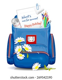 School bag with education traditional objects and flowers. Happy summer holidays! Vector illustration.