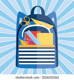 School bag filled with school supplies. Vector icon.