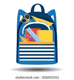 School bag filled with school supplies. Vector isolated icon.