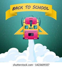 A school bag in the form of a rocket and a school bus takes off to new knowledge. Back to school. Vector illustration.