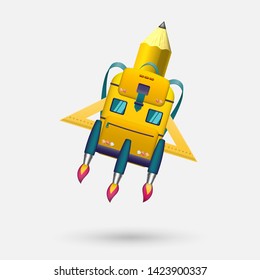 A school bag in the form of a rocket and a school bus takes off to new knowledge. Back to school. Vector illustration.