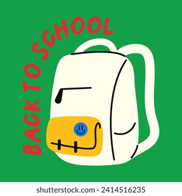 School bag. Hand drawn vector illustration. Design template, distorted text.