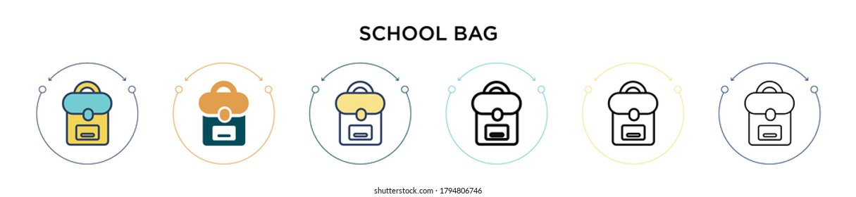 Icono de bolso escolar en el estilo relleno, delgado, contorno y trazo. Ilustración vectorial de dos diseños de iconos vectores de bolsos escolares de color y negro se pueden utilizar para móviles, ui, web