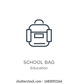 School bag icon. Thin linear school bag outline icon isolated on white background from education collection. Line vector sign, symbol for web and mobile