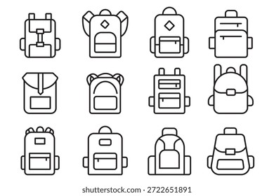 Schultasche Symbol Vektorsatz. Outline-Symbol der Tasche für Schule, College, Büro, Rucksack, Sporttasche und mehr. Vektorgrafik.