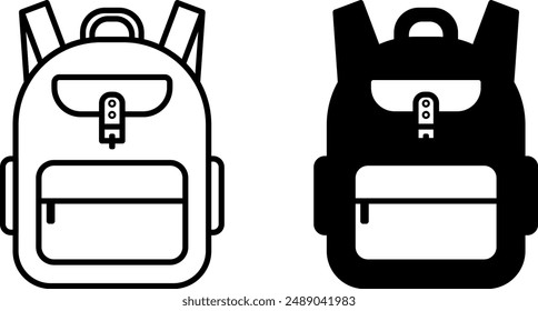 School Bag Icons. Black and White Vector Icons of Schoolboy Backpack. Education Concept