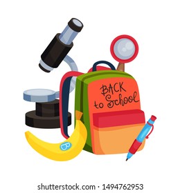 School bag with the inscription Back to school, a microscope and stationery. Vector illustration on a white background.