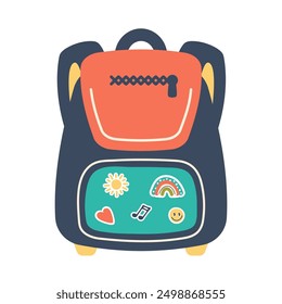 School bag isolated on white background. School supplies for children, students. Hand drawn doodle stationery subjects. Clipart. School backpack with pocket, stickers. Vector flat cartoon illustration