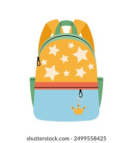 School bag. Kids backpack with star print  and crown keychain in flat style on white background. Bag for hiking, travelling. Stylish accessory.