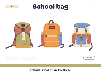 School bag landing page design template offering great assortment new arrival variety of backpack
