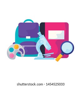school bag with magnifyinglass and set supplies