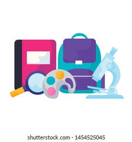 school bag with magnifyinglass and set supplies