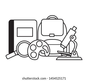 school bag with magnifyinglass and set supplies