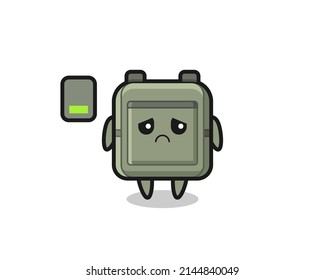 personaje de mascota de bolsos escolares haciendo un gesto cansado, diseño lindo