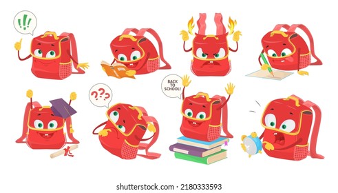School bag mascot with different emotion vector set. Happy, angry, confused, shocked and excited emoticon character. Funny backpacks reading book and learning illustration. Back to school design