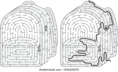 School bag maze for kids with a solution in black and white