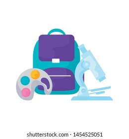 school bag with microscope and palette paint