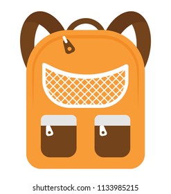 A school bag with net pockets on the top and small leather pockets below  
