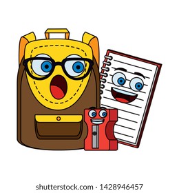school bag with notebook and sharpener kawaii comic characters