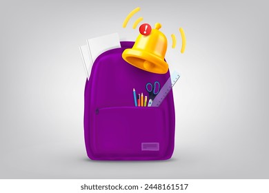 Schultasche mit Benachrichtigungsglocke. 3D-Vektorillustration