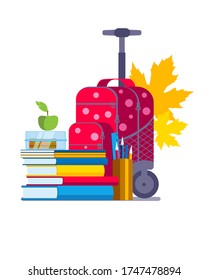 School bag on wheels on a white background. Vector illustration in a flat style.