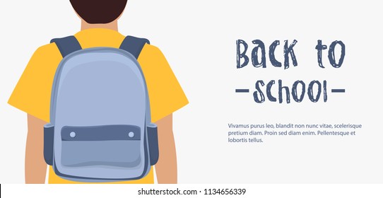 School bag pack. Schoolboy going to school with backpack. Back view.