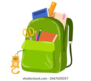 School bag packed with school accessories. Backpack, kids bag full of stationery, pens, notebooks, books, ruler sticking out from pockets. Flat vector illustration isolated on white background