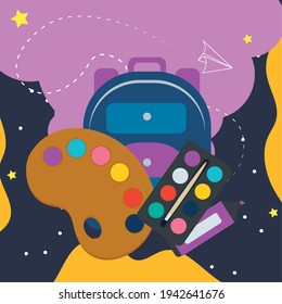 Bolsa escolar y paletas de pintura