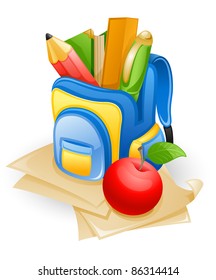 School bag: pencil, book, pen, ruler and apple on paper.