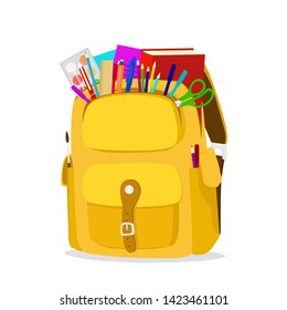 School bag with pens, books and pencils. Vector illustration