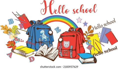 School bag, rainbow and school supplies. Isolated illustration on a white background for wallpaper, banner, background, card, book, mural, lllustration, poster.