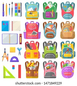 School bag set, notebook and sticker, dividers and scissors, ruler and tassel with pencil. Eraser and pen label on white, office object and backpack vector. Back to school concept. Flat cartoon