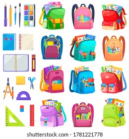 School bag set, notebook and sticker, dividers and scissors, ruler and tassel with pencil. Eraser and pen label on white, office object and backpack vector. Back to school concept. Flat cartoon